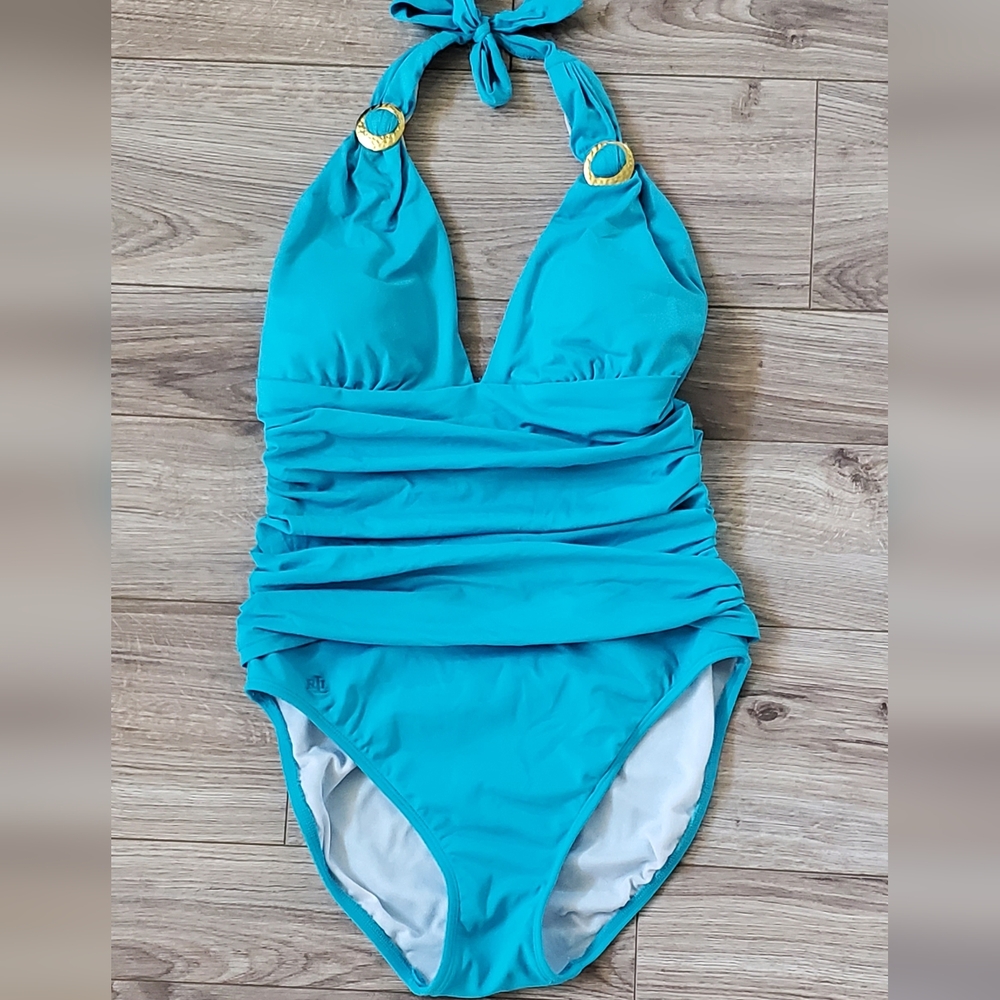 Ralph Lauren Plunging Shirred Slimming Swimsuit, Blue,Gold Accent, Wm 8 LIKE NEW